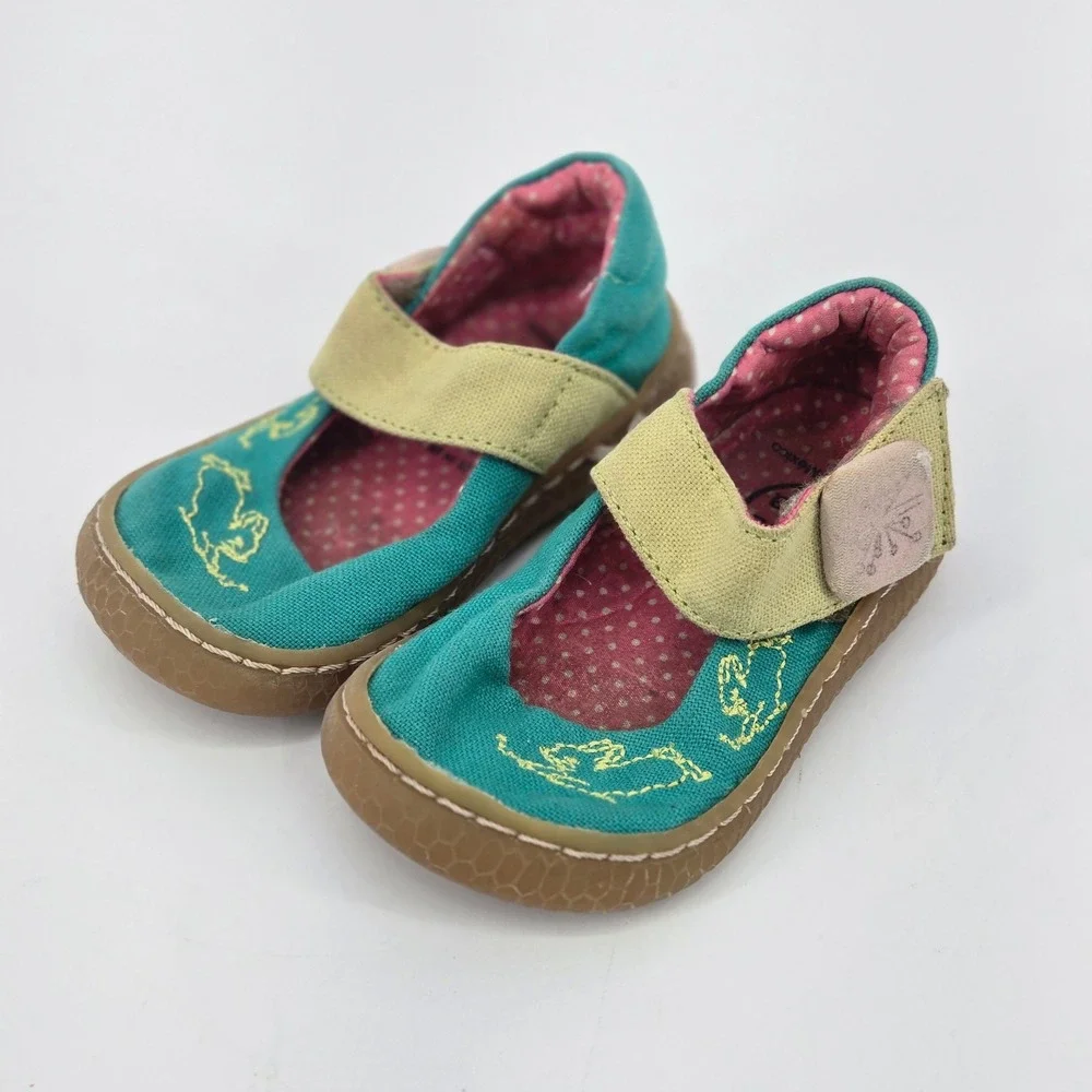 Livie & Luca Pip Teal Canvas Yellow Bunny Mary Jane Infant Toddler Shoes 4 GUC